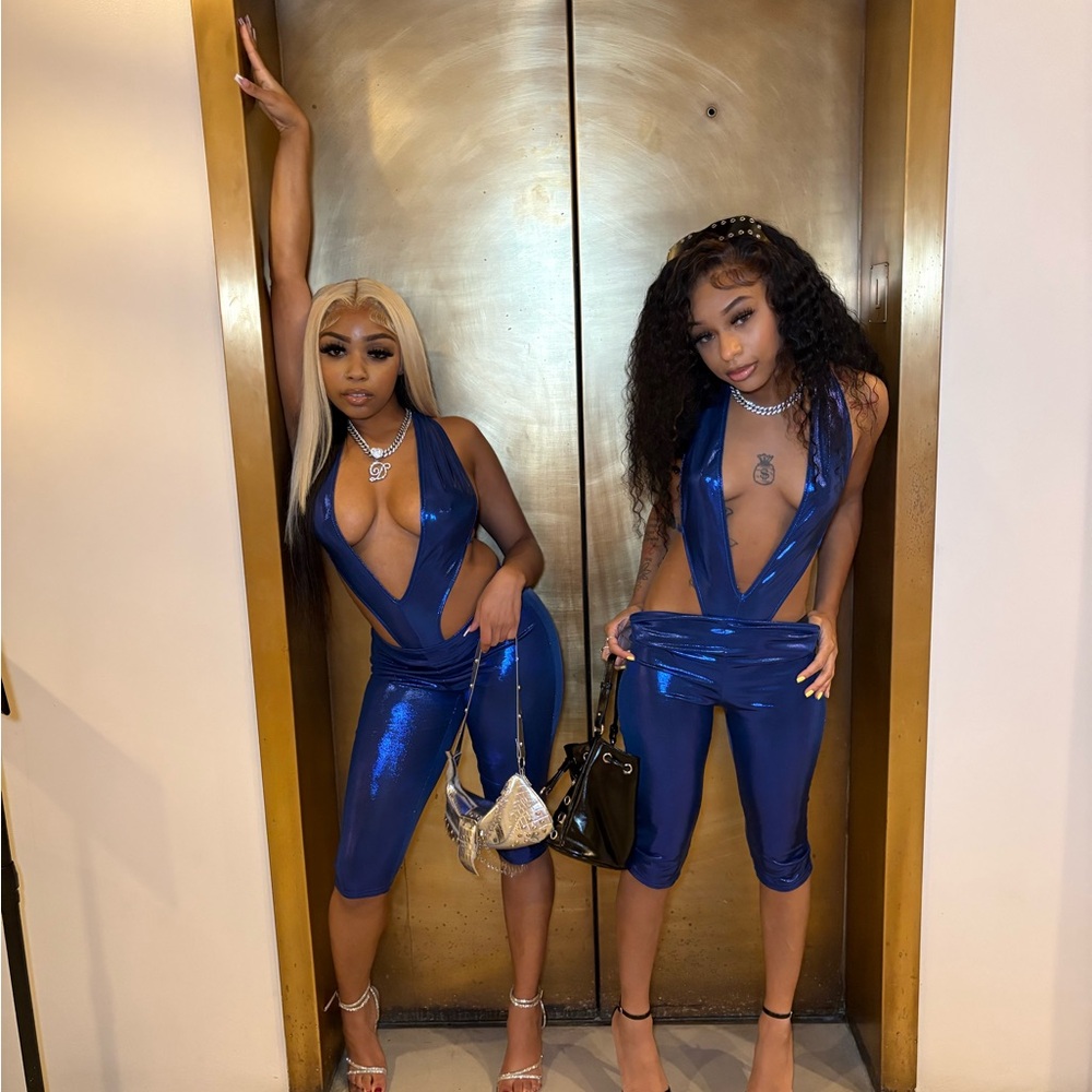 Shiny Blue Deep V Jumpsuit
